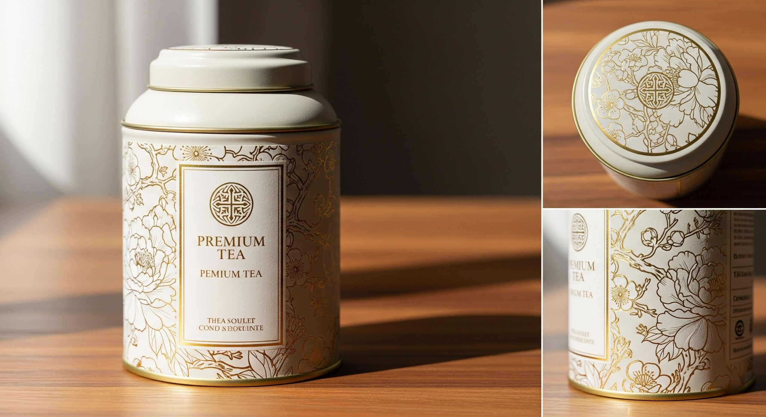 ai visual design brand premium tea can on walnut surface with embossed peony pattern and gold foil accents ai视觉设计品牌国潮奢茶罐 ai visual design brand premium tea can on walnut surface with embossed peony pattern and gold foil accents ai视觉设计品牌国潮奢茶罐