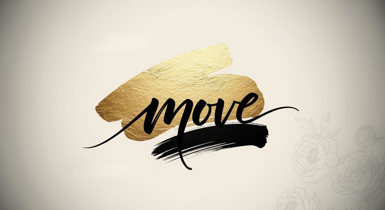 move ai design radical brand identity calligraphic brushstroke motif blending gold leaf and deep ink on cream background