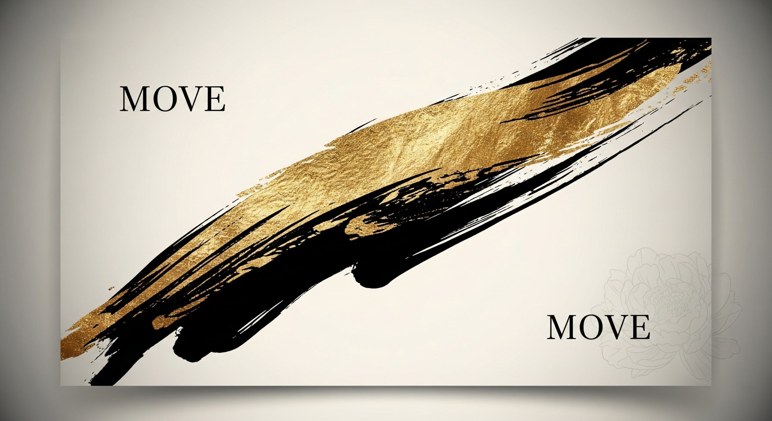 move radical brand identity calligraphic brushstroke motif blending gold leaf and deep ink on cream background AI 设计 书法笔触图案，融合金箔与深色水墨，置于米色背景上