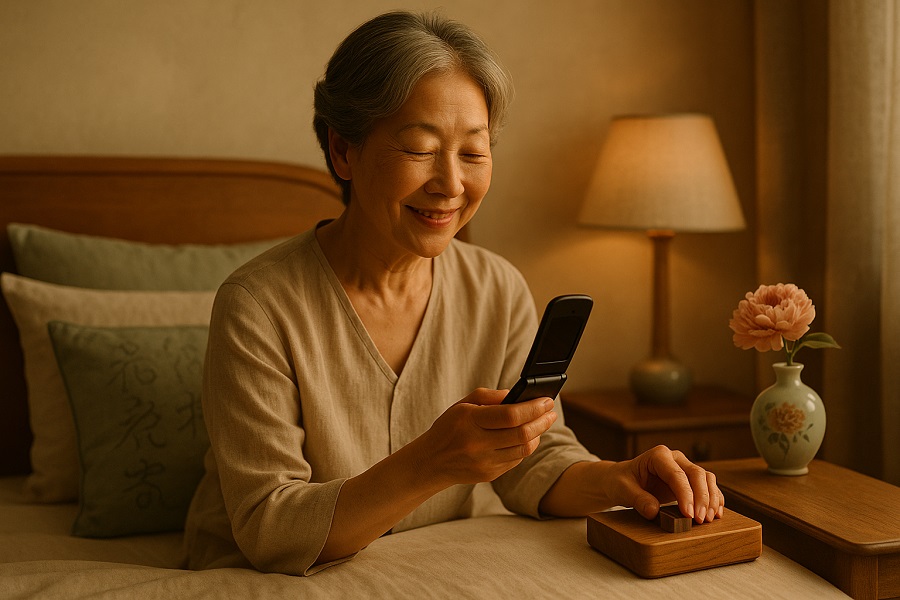 hero senior phone wooddock warm serene bedroom